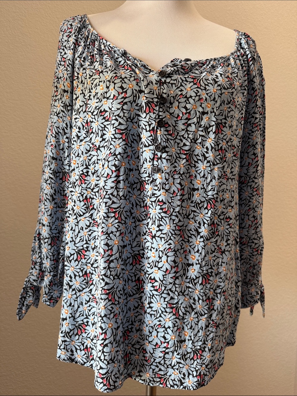 I.N. Studio Light Blue Floral Button-Front Peasant Top